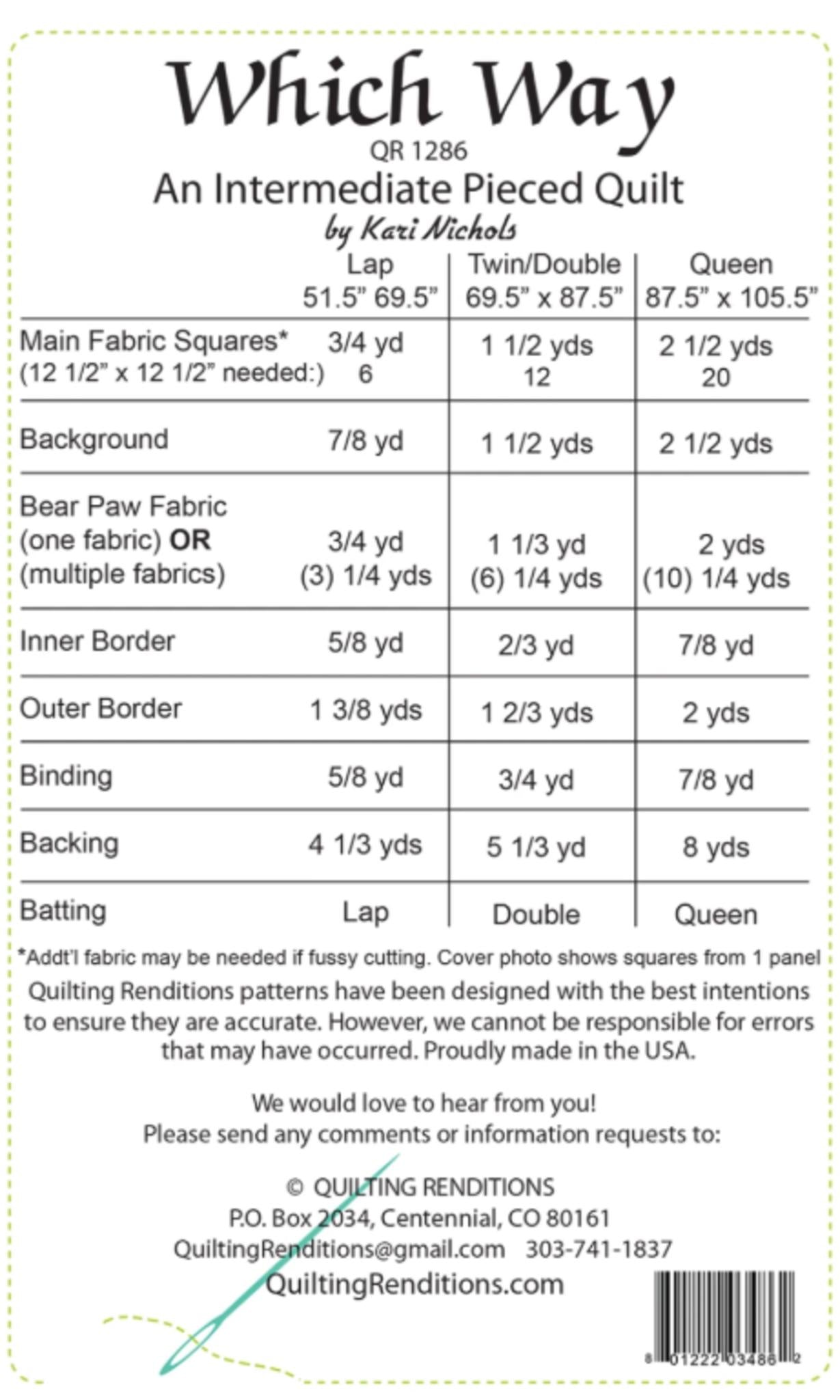 Which Way by Kari Nichols from Quilting Renditions - instructions for 3 sized included.