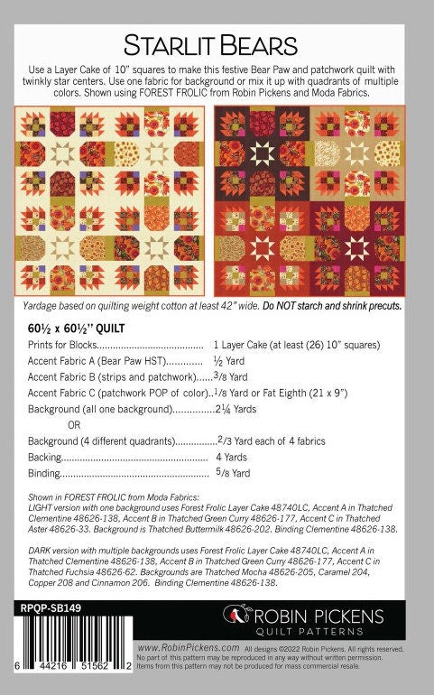 Starlit Bears Quilt Pattern by Robin Pickens. Finished size 60.5" x 60.5" - Layer Cake Friendly.