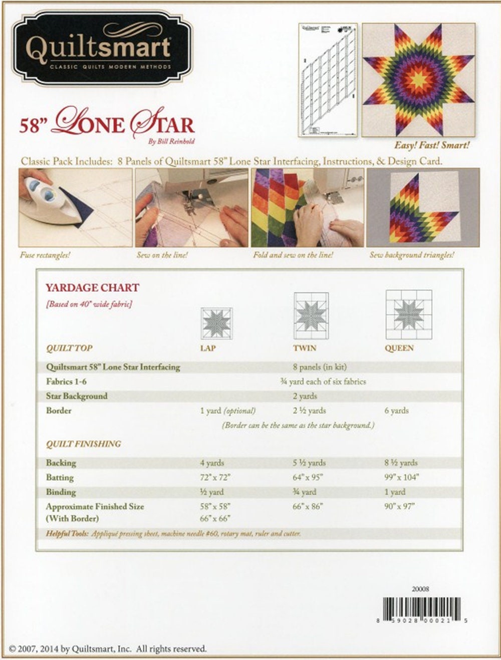 Quiltsmart Lone Star 58" by Designer Bill Reinhold - Classic Pack includes 8 panels of Interfacing + instructions. Free Shipping!
