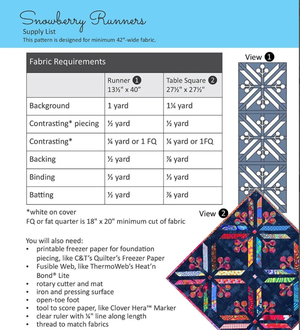 Snowberry Table Runner - Freezer Paper Piecing pattern. Designed by Kristine Poor 13.5" x 40". Also include Table Square instructions.
