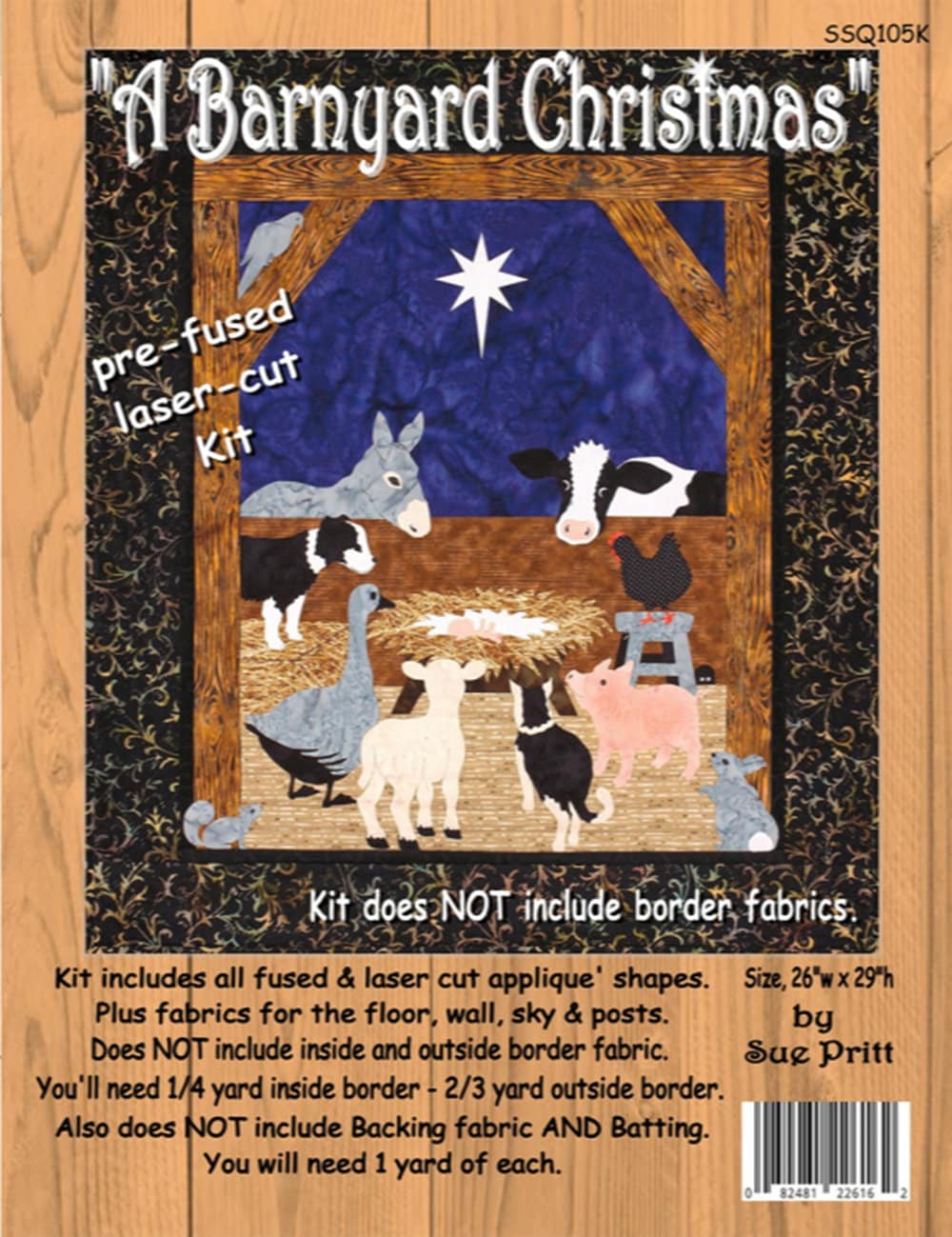 Barnyard Christmas Laser Cut Quilt Kit by Sue Pritt. 26"w x 29"h - Free Shipping