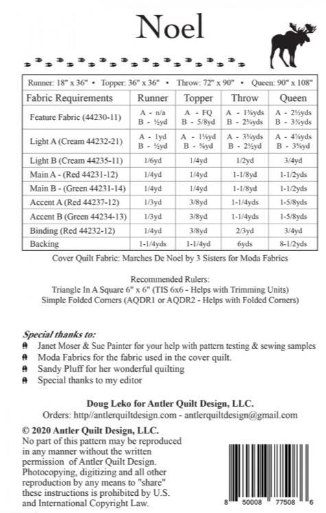 Noel Quilt Pattern by Doug Leko for Antler Quilt Design. Four sizes included in instructions.