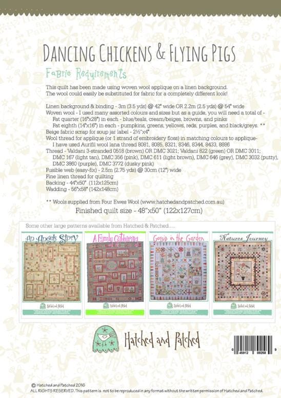 Dancing Chickens & Flying Pigs Quilt Pattern by Anni Downs - finished size 48" x 50". for Hatched and Patched. Shipping Included.