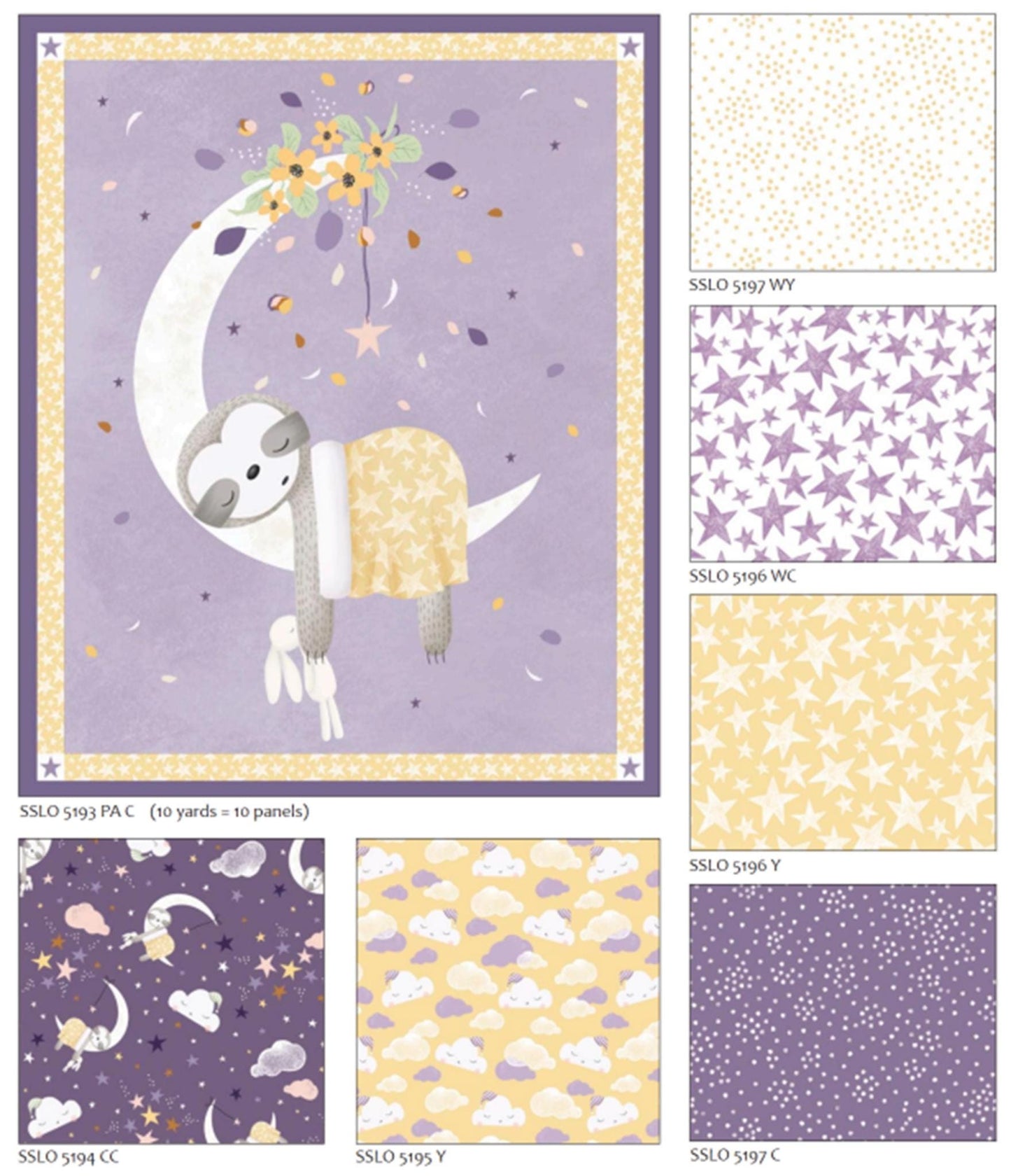 Sleepy Sloth Panel + 6 Fat Quarters - Purple Colorway.