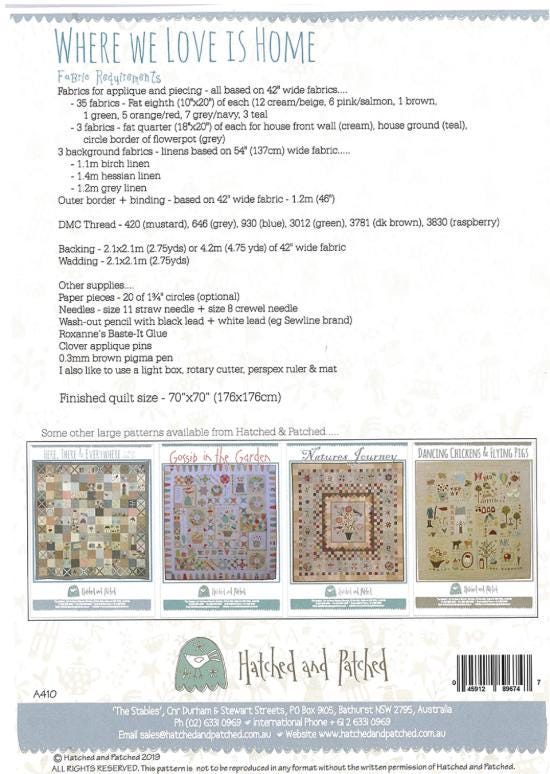 Where We Love is Home Quilt Pattern BOM by Anni Downs - finished size 70" x 70". for Hatched and Patched. Shipping Included.