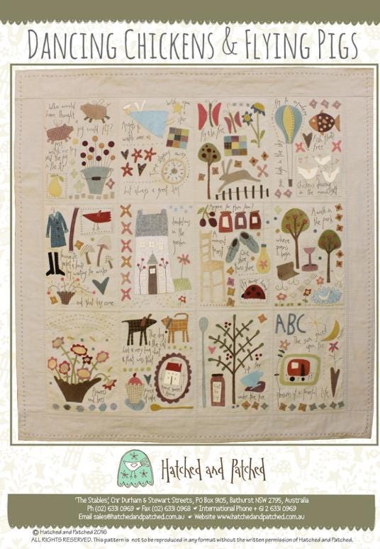 Dancing Chickens & Flying Pigs Quilt Pattern by Anni Downs - finished size 48" x 50". for Hatched and Patched. Shipping Included.