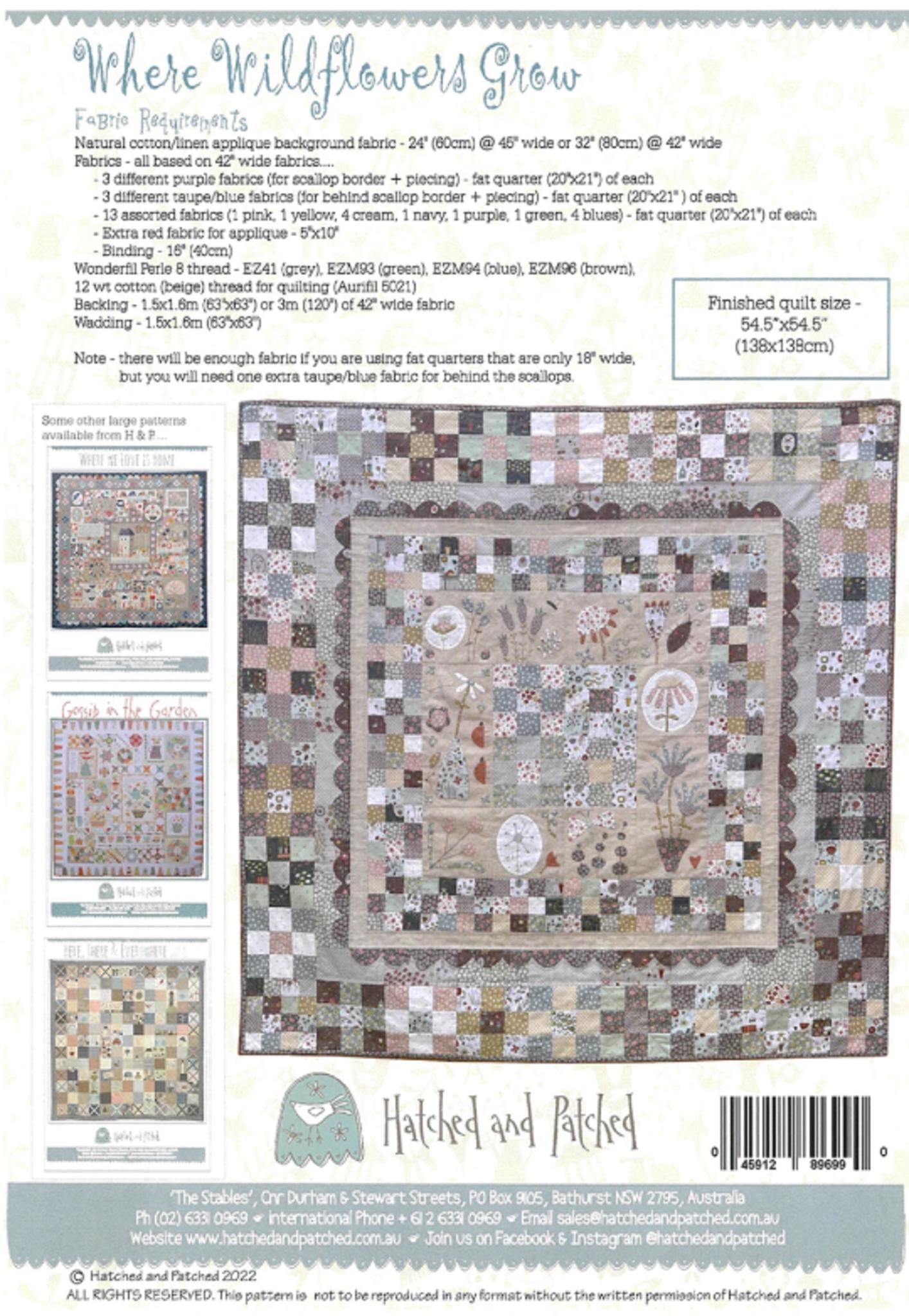Where Wildflowers Grow Quilt Pattern by Anni Downs - finished size 54" x 54". For Hatched and Patched.