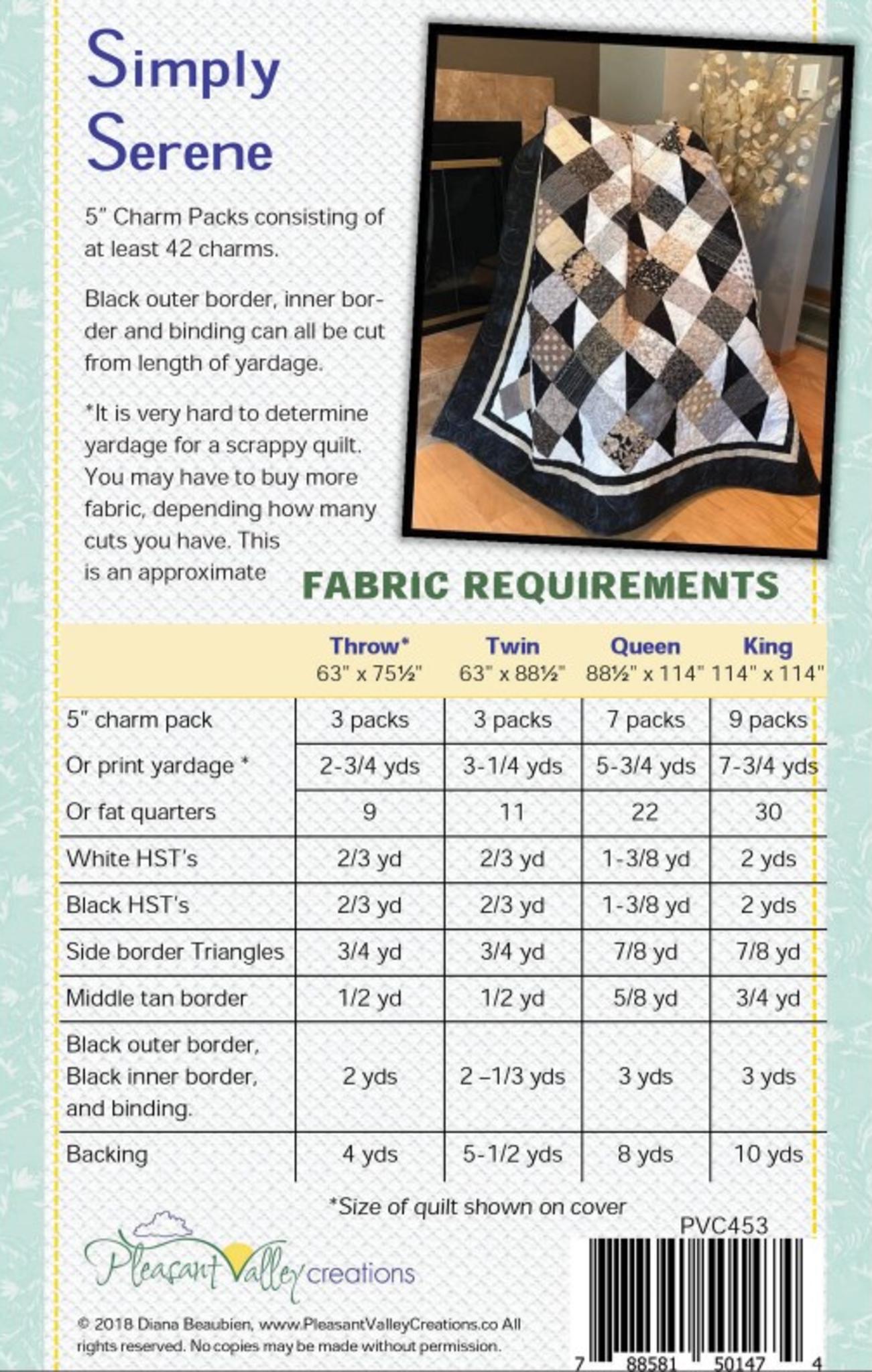 Simply Serene Quilt Pattern for 4 sizes, by Designer Diana Beaubien for Pleasant Valley Creations