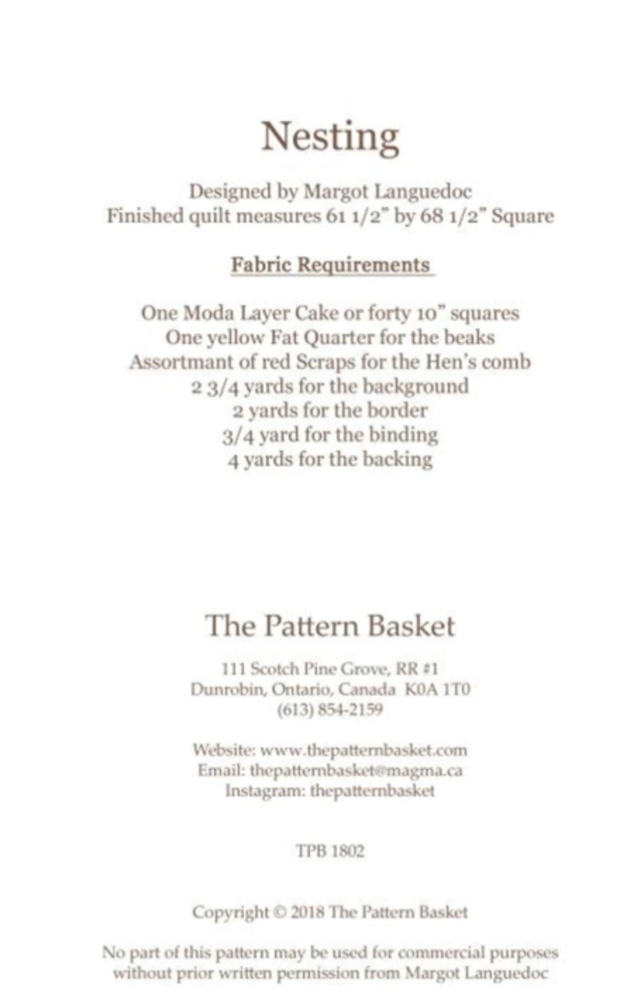 Nesting Chicken Quilt Pattern by Margo Languedoc of Pattern Basket - 61.5" x 68.5"