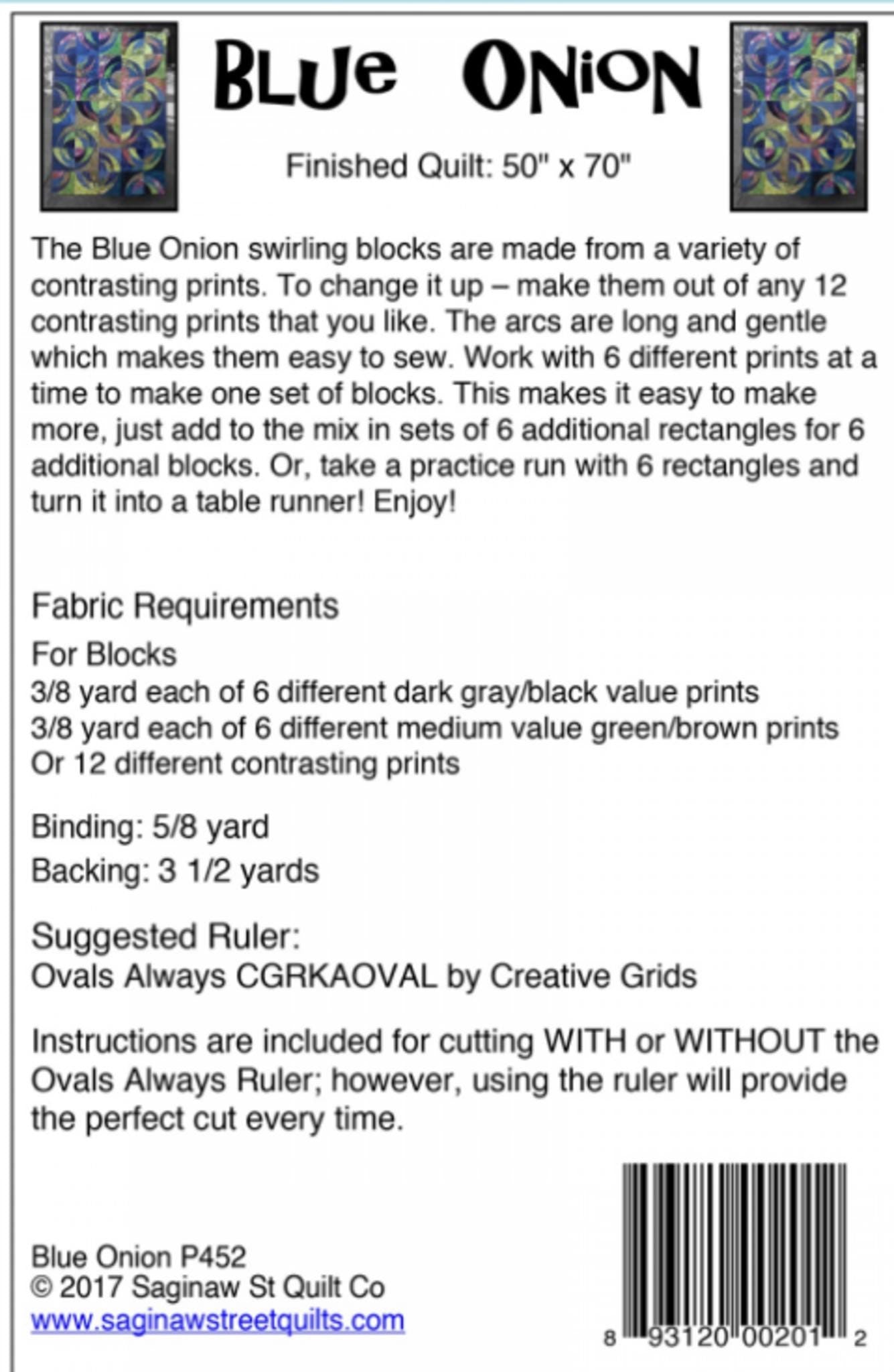 Blue Onion Quilt Pattern by Saginaw St - approx 50" x 70" finished size