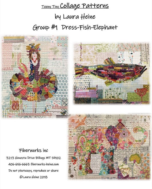 Teeny Tiny Collage Quilt Patterns by Laura Heine - Group #1, Dress, Fish, Elephant Finished size approx 16" x 20"