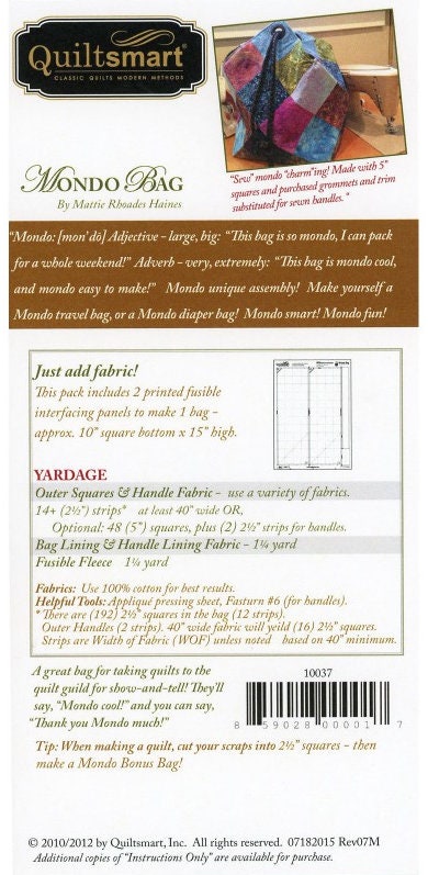 Mondo Bag Fun Pack - Quilt Instructions + Printed Interfacing. Approx finished size is 10" square bottom x 15" high. Fun Pack makes 1 bag.