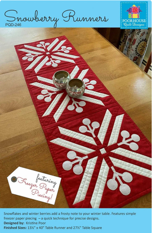 Snowberry Table Runner - Freezer Paper Piecing pattern. Designed by Kristine Poor 13.5" x 40". Also include Table Square instructions.