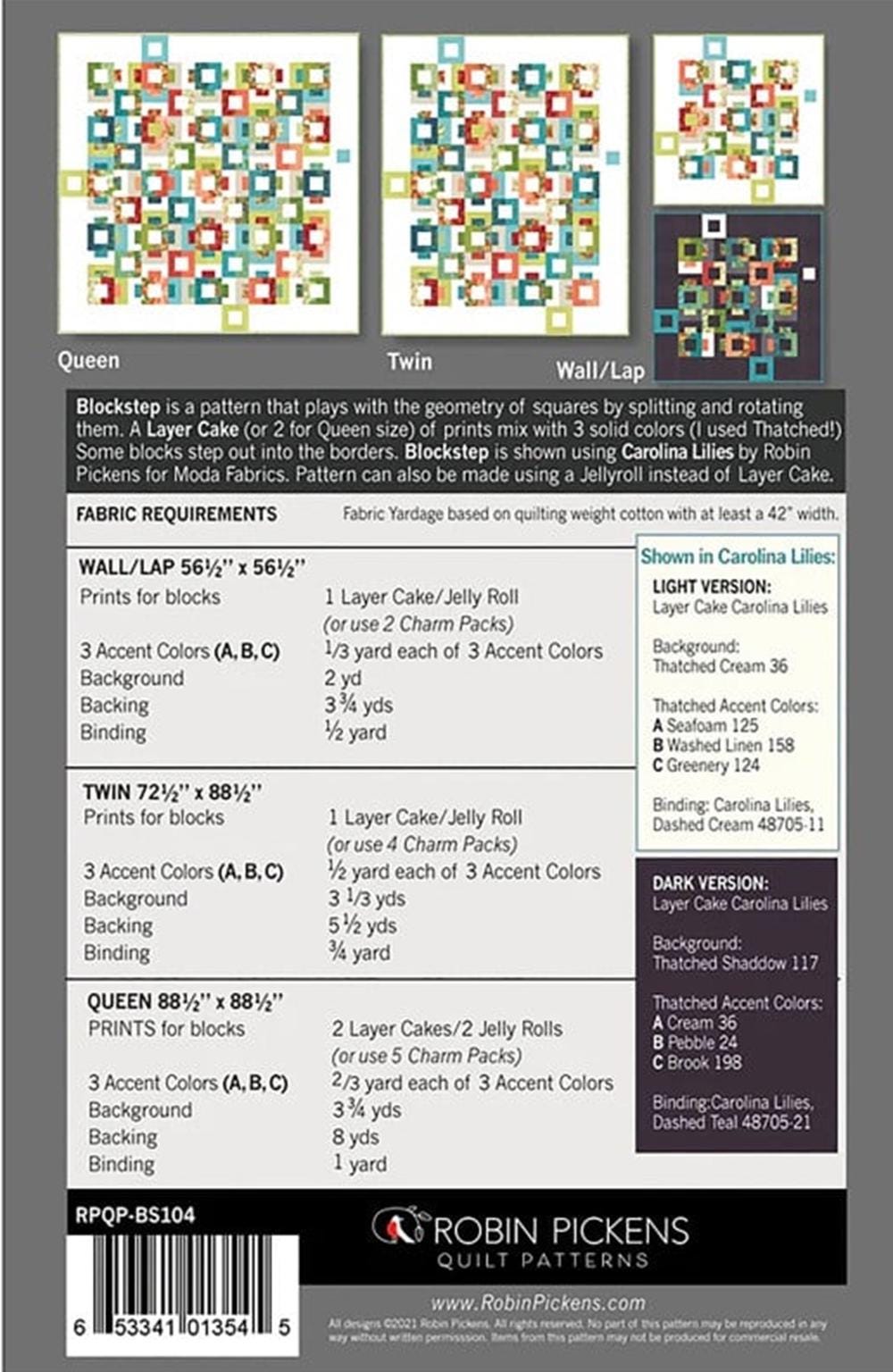 Blockstep Quilt Pattern by Robin Pickens. Layer Cake and Jelly Roll Friendly. Three sizes included in pattern instructions.