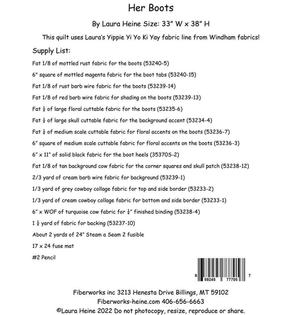 Her Boots by Laura Heine - finished size approx 33" W x 38" L (pattern only)
