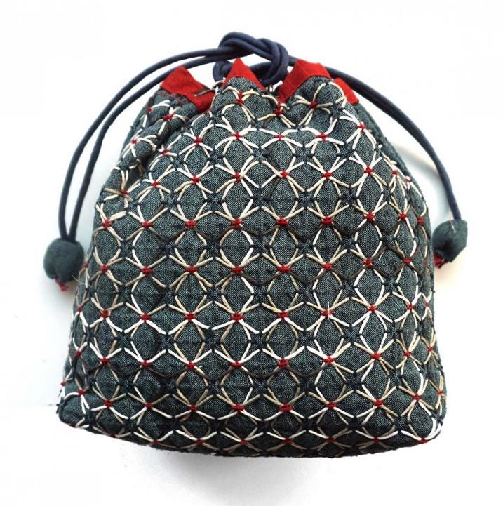 Drawstring Bag with KOKI Weaving Sashiko Hydrangea Full Kit Blue - Free Shipping