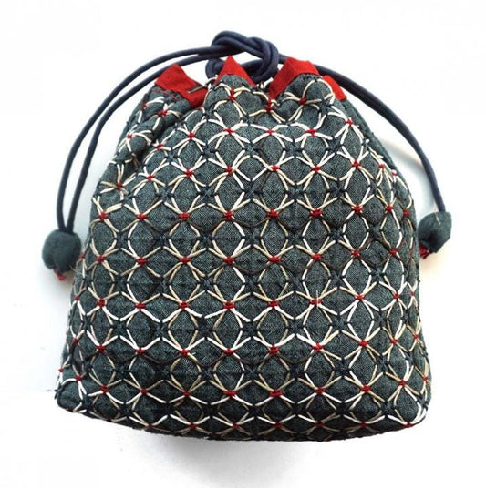 Drawstring Bag with KOKI Weaving Sashiko Hydrangea Full Kit Blue - Free Shipping
