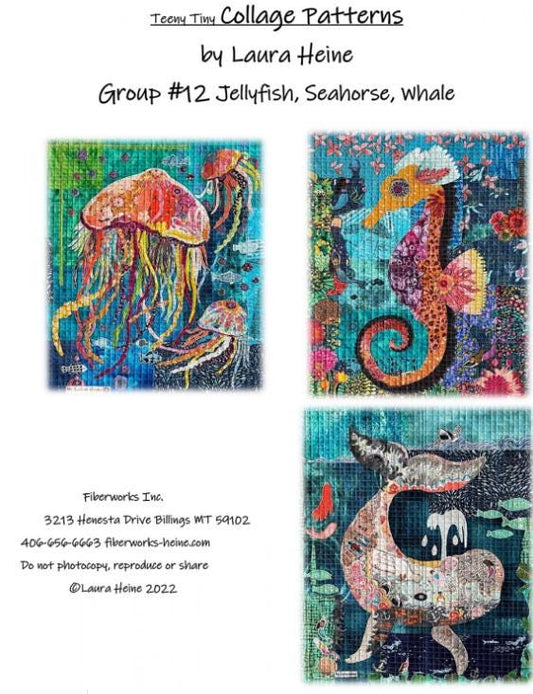 Teeny Tiny Collage Quilt Patterns by Laura Heine - Group #12, Jellyfish, Seahorse, Whale - Finished size approximately 16" x 20"