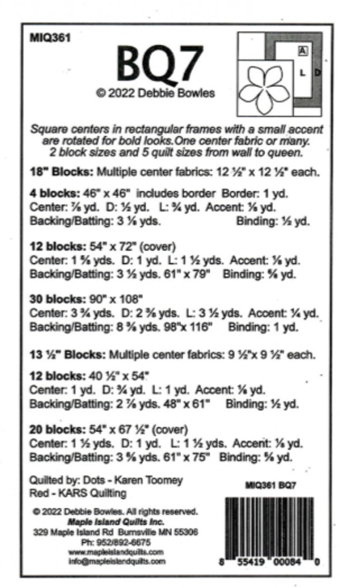 BQ7 Quilt Pattern by Debbie Bowles - 5 sizes