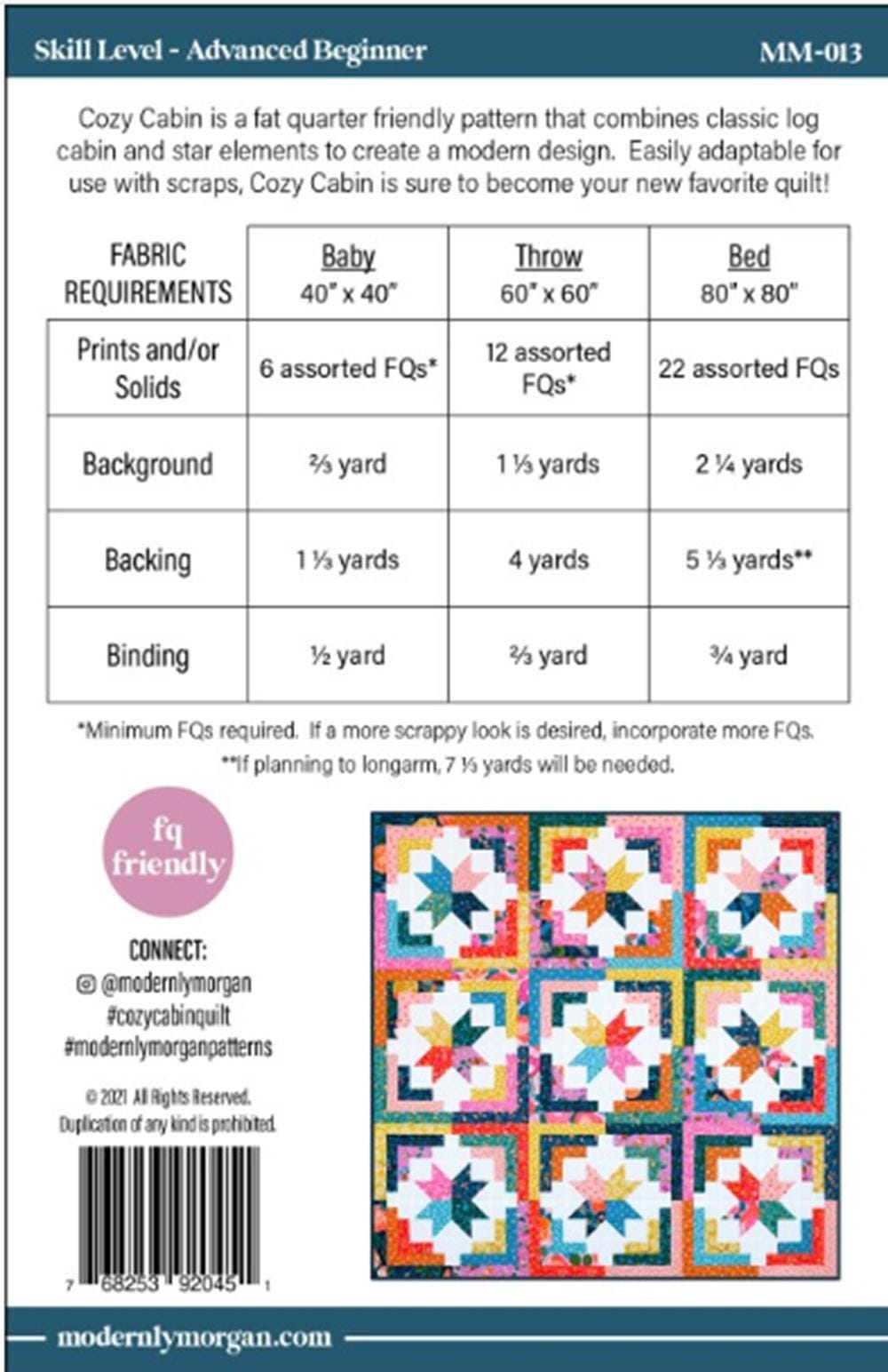 Cozy Cabin Quilt Pattern by Morgan Mccollough - Baby, Throw, and Bed sizes