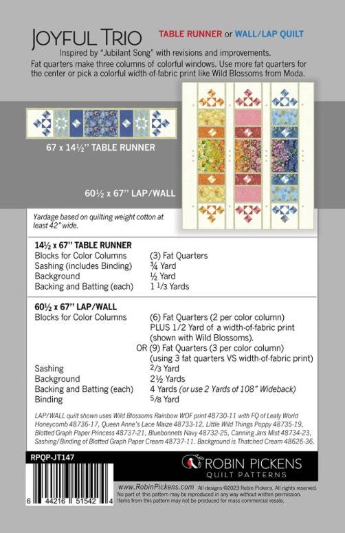 Joyful Trio Quilt Pattern by Robin Pickens. Fat Quarter Friendly. Approx size 60" x 67" or Tablerunner 14" x 67"