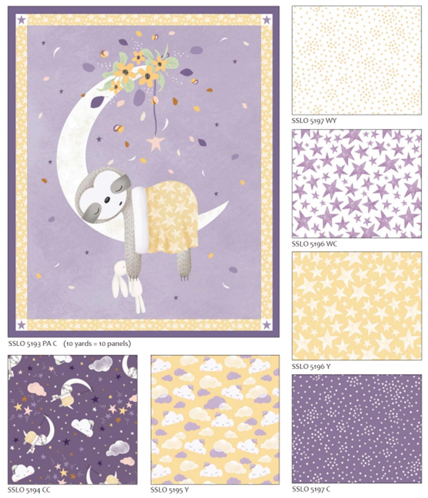 Sleepy Sloth Panel + 6 Fat Quarters - Purple Colorway.