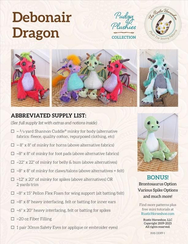 Debonair Dragon Toy Pattern from Rustic Horseshoe - 20" x 20"