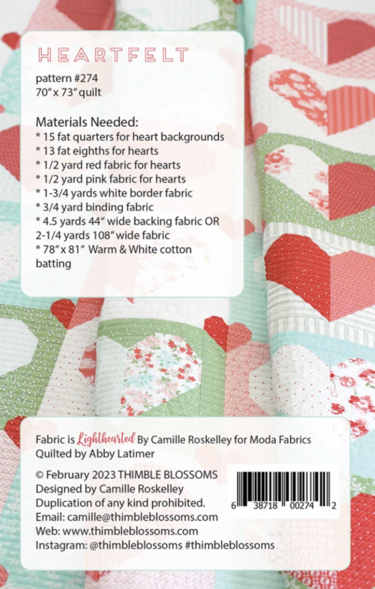 Heartfelt Quilt Pattern From Thimble Blossoms by Camille Roskelley - 70" x 73"