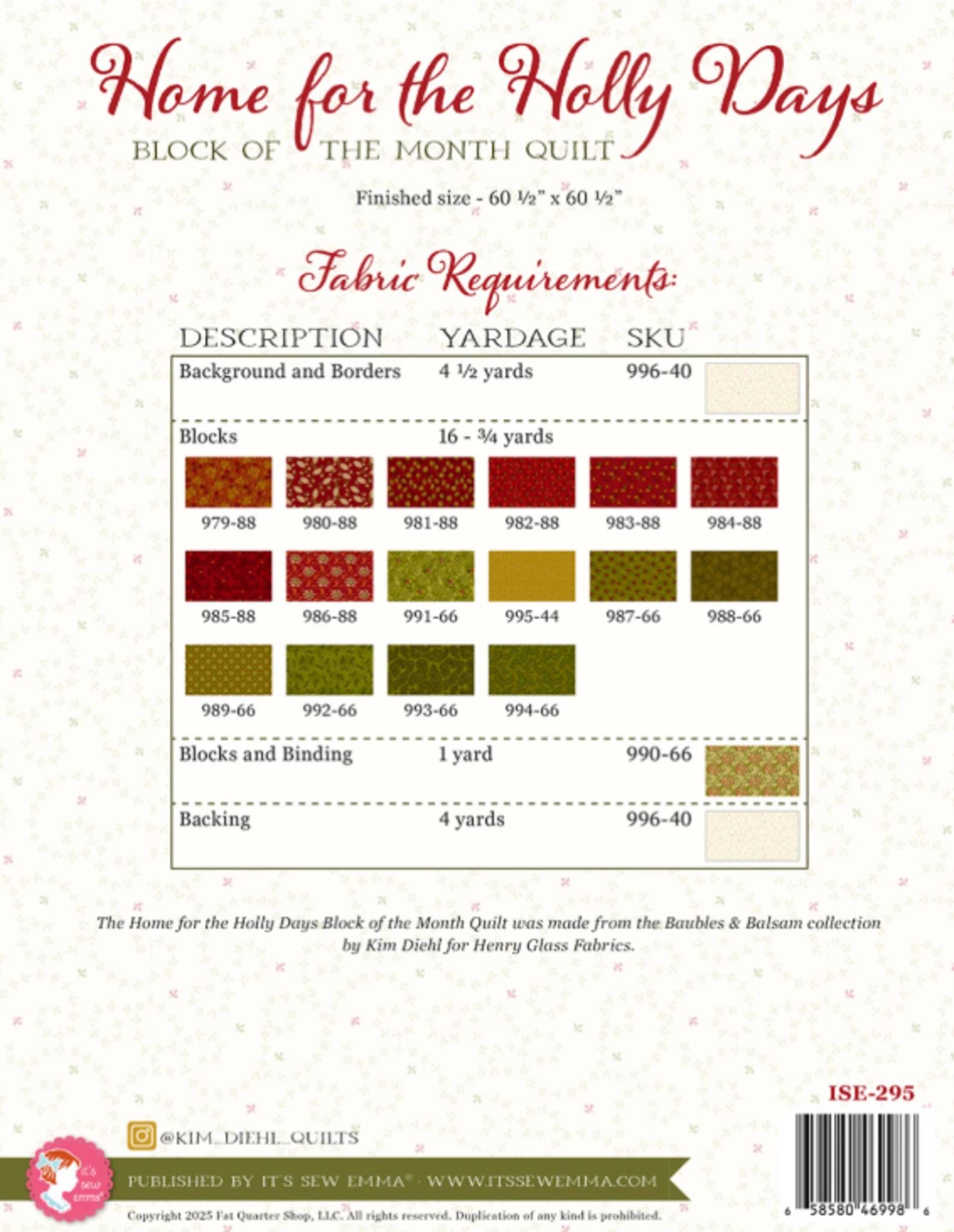 Home for the Holly Days Quilt Pattern from Kim Diehl and It's Sew Emma - finished size 60.5" x 60.5"