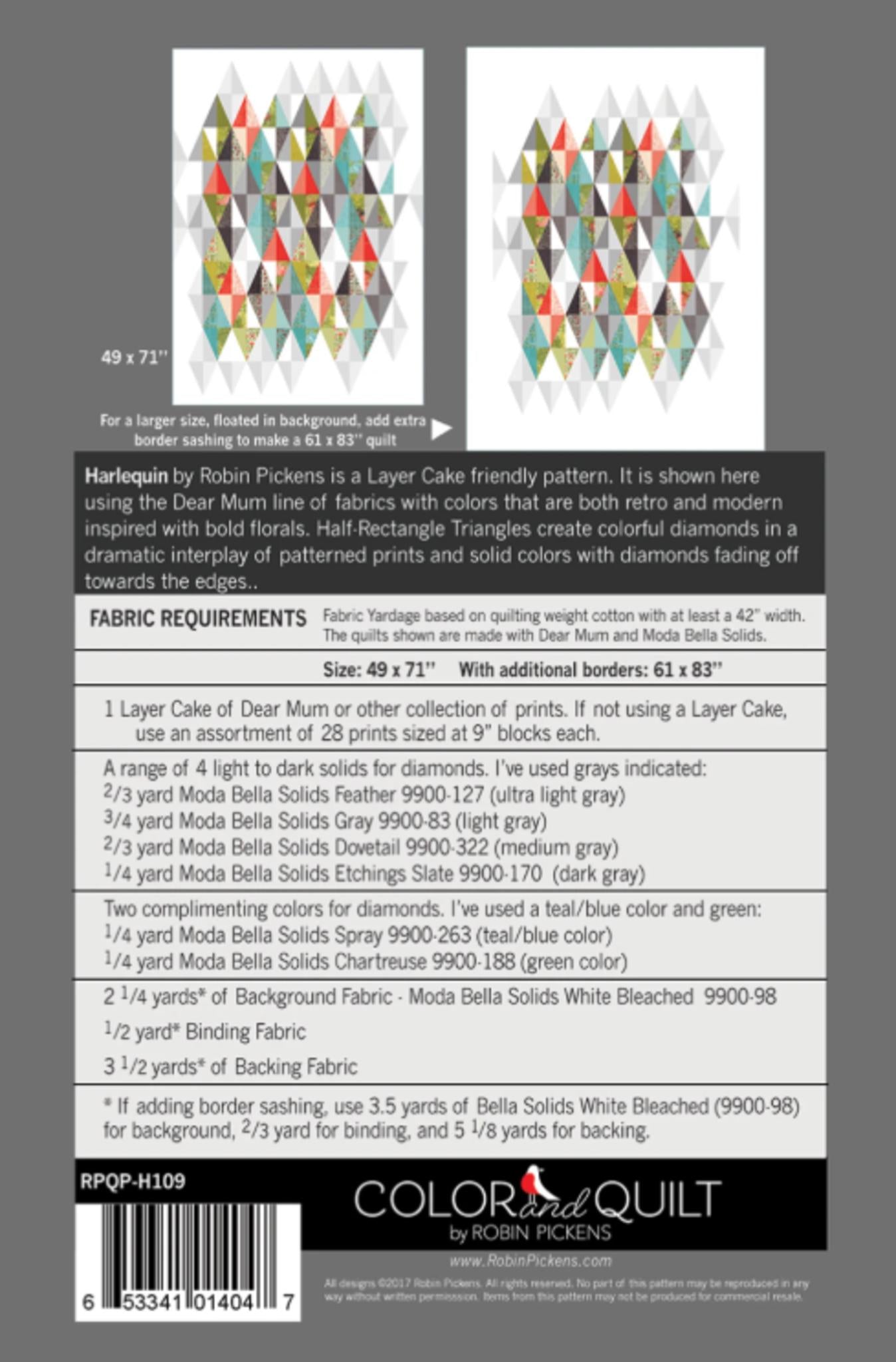 Harlequin Quilt Pattern by Robin Pickens. Layer Cake Friendly.